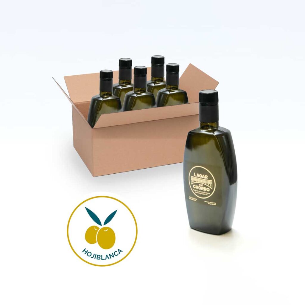 Caja de botellas de aceite de oliva virgen extra variedad hojiblanca de 500ml